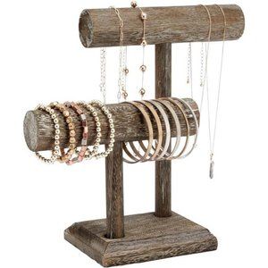 Rustic-Style 2Tier Jewelry Organizer Stand,Wooden T-Bar Necklace Rack & Bracelet